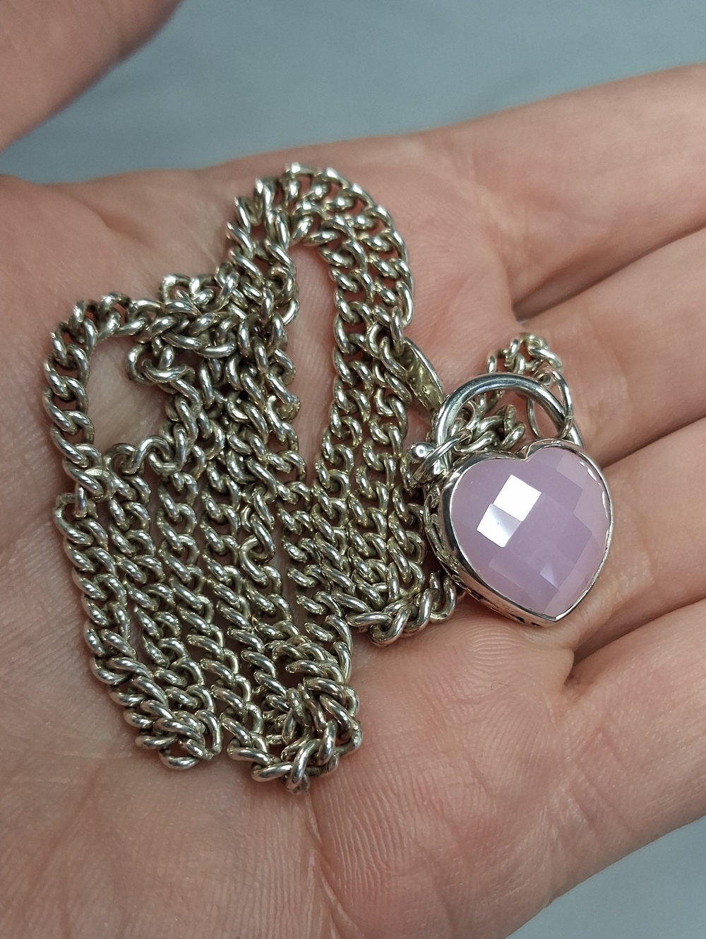 Heavy Sterling Silver Necklace with Pink Heart Lock Pendant